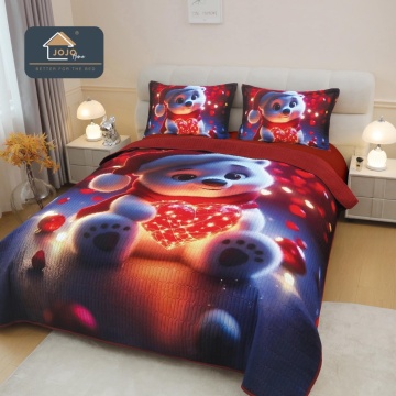 Cuvertură de Pat Matlasată 5D Crăciun Roșu | Ursuleț cu Inimă | 3 Piese | Finet Catifelat | PatulMeu