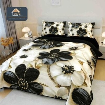 Cuvertură matlasată 5D grej cu flori negre elegante JOJO HOME – 3 piese