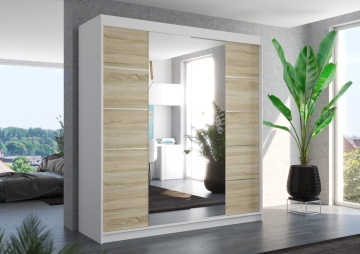 Dulap Dalmatia 200 cm alb cu fronturi Stejar Sonoma, oglindă centrală și inserții decorative argintii, amplasat într-un dormitor modern