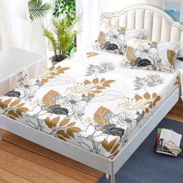 Husa de pat cu elastic si 2 fete de perna, tesatura tip finet, pat 2 persoane, alb / auriu, HBFJ-169