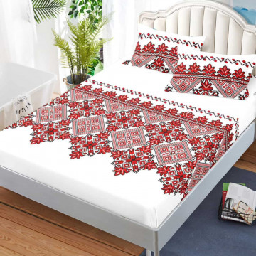 Husa de pat cu elastic si 2 fete de perna, tesatura tip finet, pat 2 persoane, alb / rosu, G-232