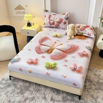 Husă de pat Finet 5D albă cu fluturi colorați + 2 fețe de pernă | JoJo Home