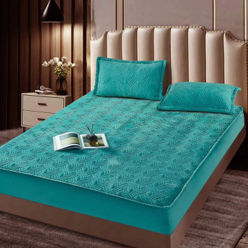 Husa de pat matlasata si 2 fete de perne din catifea, cu elastic, model tip topper, pentru saltea 180x200 cm, turquoise, HTC-03 - Img 2