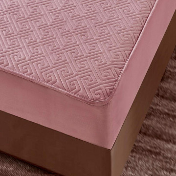 Husa de pat matlasata si 2 fete de perne din catifea, cu elastic, model tip topper, pentru saltea 160x200 cm, roz, HTC-46 - Img 4