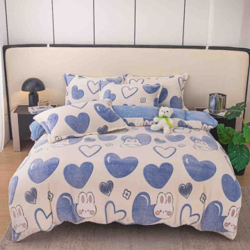 Lenjerie Cocolino Pat 1 Persoană 4 Piese | Model Inimi Albastre | Microfibră Plusată Moale și Călduroasă