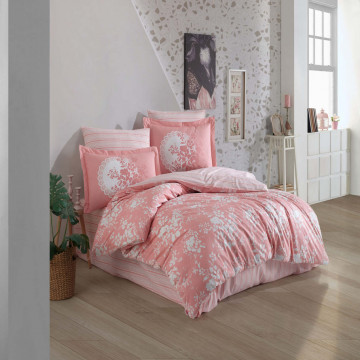 Lenjerie de pat, 100% bumbac, tesatura poplin, pat 2 persoane, roz, Flora