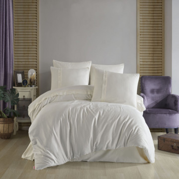 Lenjerie de pat, 100% bumbac, tesatura satin, pat 2 persoane, 6 piese, crem, Plain