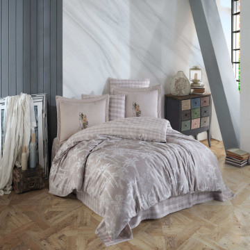 Lenjerie de pat, 100% bumbac, tesatura satin, pat 2 persoane, grej, Eliza