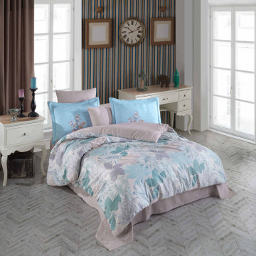 Lenjerie de pat, 100% bumbac, tesatura satin, pat 2 persoane, gri / bleu, Juillet