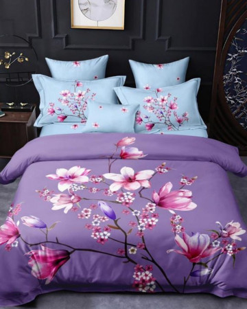 Lenjerie de pat cu 2 fete, imprimeu 3D, tesatura tip finet, pat 2 persoane, mov / bleu, 6 piese, A2-03