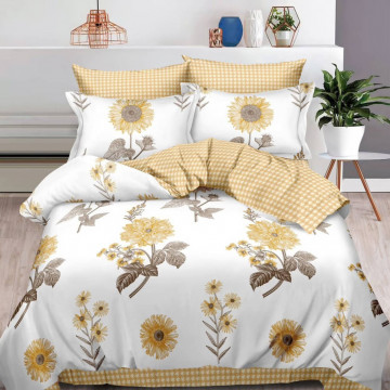 Lenjerie de pat cu 2 fete, tesatura tip finet, pat 2 persoane, alb / galben, 6 piese, R60-489