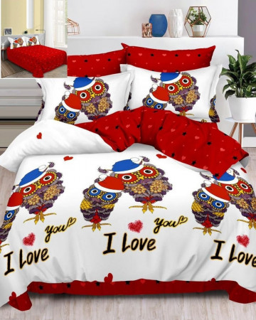 Lenjerie de pat cu 2 fete, tesatura tip finet, pat 2 persoane, alb / rosu, 6 piese, FN-513