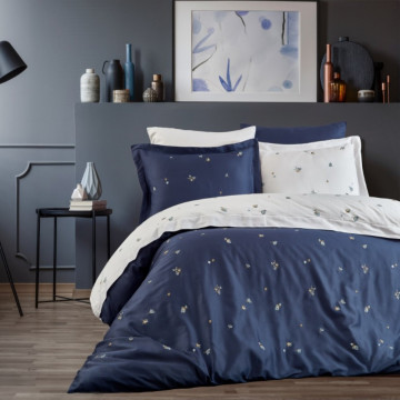 Lenjerie de pat cu broderie, bumbac 100%, pat 2 persoane, 6 piese, albastru, Safran