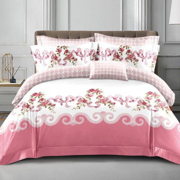 Lenjerie de pat cu elastic, policoton, pat 2 persoane, alb / roz, 4 piese, E-56 - Img 1