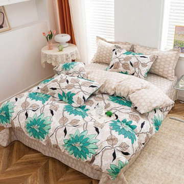 Lenjerie de pat cu elastic, policoton, pat 2 persoane, turquoise / bej, 4 piese, E-70 - Img 2