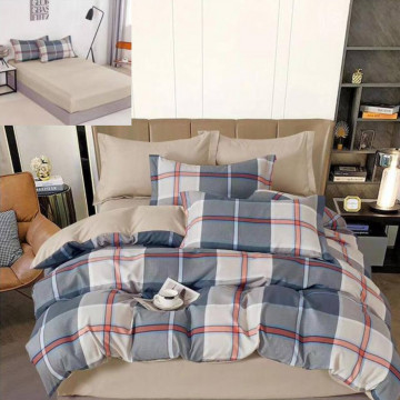 Lenjerie de pat cu elastic, tesatura tip finet, pat 2 persoane, 6 piese, albastru / bej, T240