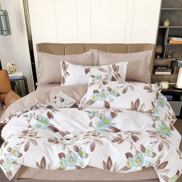 Lenjerie de pat cu elastic, tesatura tip finet, pat 2 persoane, alb / bej, 6 piese, T247