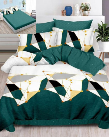Lenjerie de pat cu elastic, tesatura tip finet, pat 2 persoane, alb / verde, 6 piese, FNE-147 - Img 1