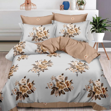 Lenjerie de pat cu elastic, tesatura tip finet, pat 2 persoane, maro / gri, 6 piese, T212