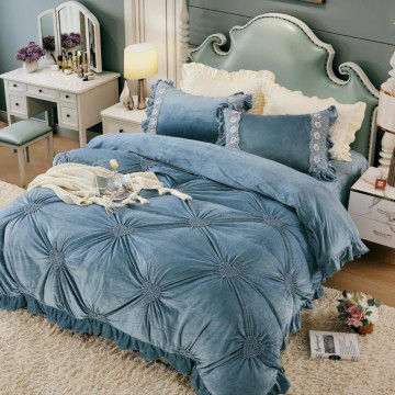 Lenjerie de pat din catifea, cu broderie, pat 2 persoane, albastru deschis, 4 piese, CCJ-04 - Img 2