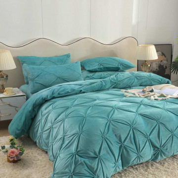 Lenjerie de pat din catifea, cu pliuri, 4 piese, pat 2 persoane, turquoise, LCPJ-08 - Img 4