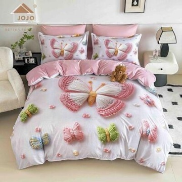 Lenjerie de pat din finet 5D Roz cu Fluturi JOJO HOME – 6 piese
