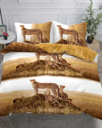 Lenjerie de pat, imprimeu 3D, policoton, pat 2 persoane, 4 piese, maro / alb, S4-02