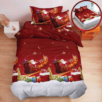 Lenjerie de pat Mos Craciun, tesatura tip finet, pat 1 persoana, 4 piese, rosu, Q1-10
