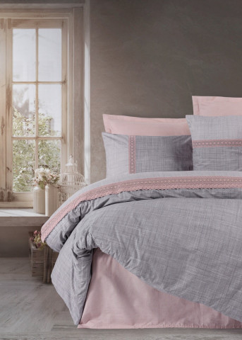 Lenjerie de pat pentru doua persoane, Hazel, 6 piese, 200x220 cm, 100% bumbac ranforce, cu detalii brodate, roz pudra - Img 1
