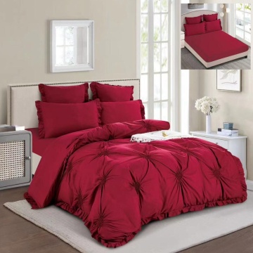 Lenjerie de pat uni cu pliuri si broderie, tesatura tip finet, 6 piese, pat 2 persoane, grena, T1-03