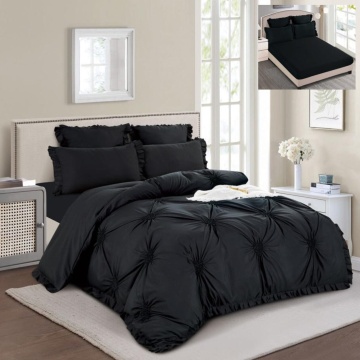 Lenjerie de pat uni cu pliuri si broderie, tesatura tip finet, 6 piese, pat 2 persoane, negru, T1-15