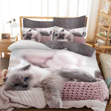Lenjerie Finet 3D 6 Piese | Model Pisică Gri pe Pătură Roz | Pat Dublu | Johnny Home Pucioasa