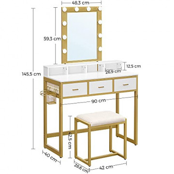Masa de toaleta cu scaun si iluminare LED, PAL melaminat / metal, alb / auriu, Vasagle - Img 4