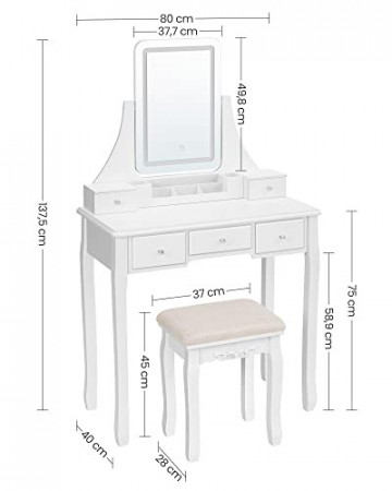 Masa de toaleta cu scaun si oglinda cu iluminare LED, MDF / textil, alb, Songmics - Img 6