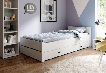 Pat copii MARCELLO – 200x90 cm – cu saltea și somieră incluse – cu ladă de depozitare – Alb