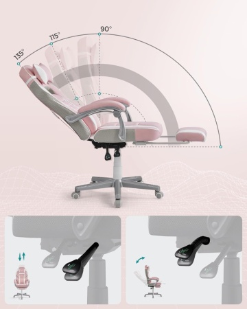 Scaun ergonomic cu recliner, Ø 70 cm, metal / piele ecologica, roz / alb, Songmics - Img 7