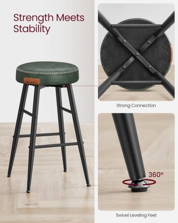 Set 2 scaune bar, diametru 33 cm, piele ecologica / metal, negru / verde, Vasagle - Img 5