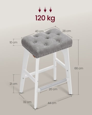 Set 2 scaune de bar, 44 x 32 x 66 cm, metal / piele ecologica, alb / gri, Vasagle - Img 6