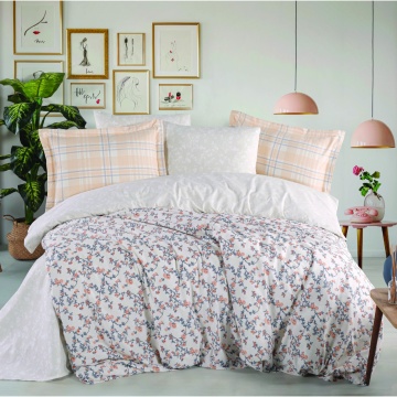 Set lenjerie de pat bumbac poplin 100% Lola | Hobby Home | Alb cu somon | Imprimeu floral | 4 piese | 2 persoane