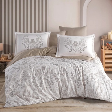 Set lenjerie de pat bumbac saten 100% Tiago | Hobby Home | bej nisipiu | floral | 6 piese | 2 persoane