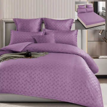 Set lenjerie de pat cu elastic, model embosat, tesatura tip finet, uni, 6 piese, pat 2 persoane, mov, T4-12