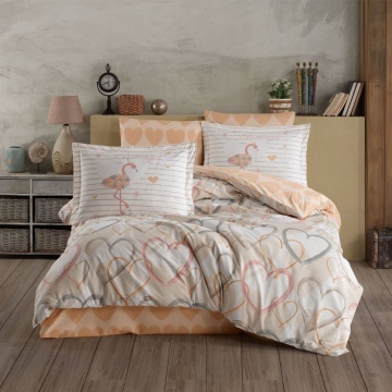 Set lenjerie de pat din bumbac poplin 100% Diana | 4 piese | 2 persoane | Alb cu bej și accente piersică | Hobby Home