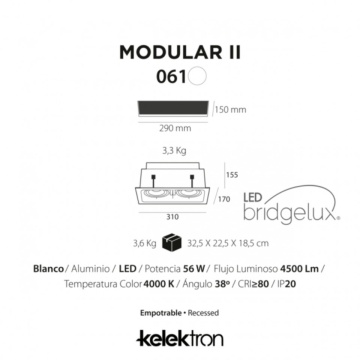 Spot incastrat LED COB Modular II, alb, inclinabil, Max 56W, lumina neutra, Kelektron – fotografie comercială a produsului