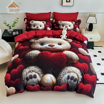 ❤️ Lenjerie de Pat 6 Piese Roșie | Ursuleț & Inimioare | Imprimeu Digital 5D | Finet Catifelat | Jojo Home