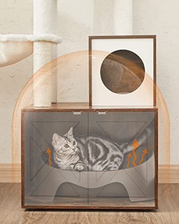Ansamblu pentru pisici si litiera ascunsa, 57,5 x 50 x 140 cm, plush / PAL , maro rustic / alb, Feandrea - Img 4