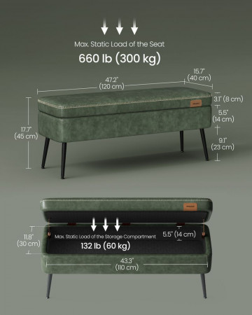 Bancheta cu spatiu depozitare, 120 x 40 x 45 cm, piele ecologica / metal, verde, Vasagle - Img 6