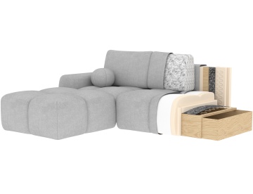 secțiune colțar Vittario care arată structura internă cu arcuri spumă și ladă de depozitare
