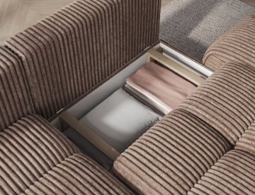 ladă de depozitare colțar Vittario din material reiat deschisă cu pernă și textile în interior