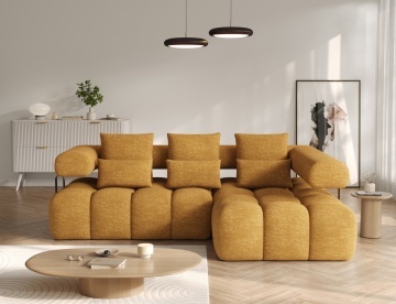 coltar extensibil ELTAP Levvi dreapta galben mustar in living modern cu perne decorative si masa rotunda din lemn