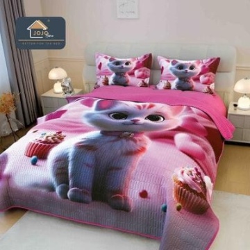 Cuvertură matlasată 5D roz cu pisicuță JOJO HOME – 3 piese